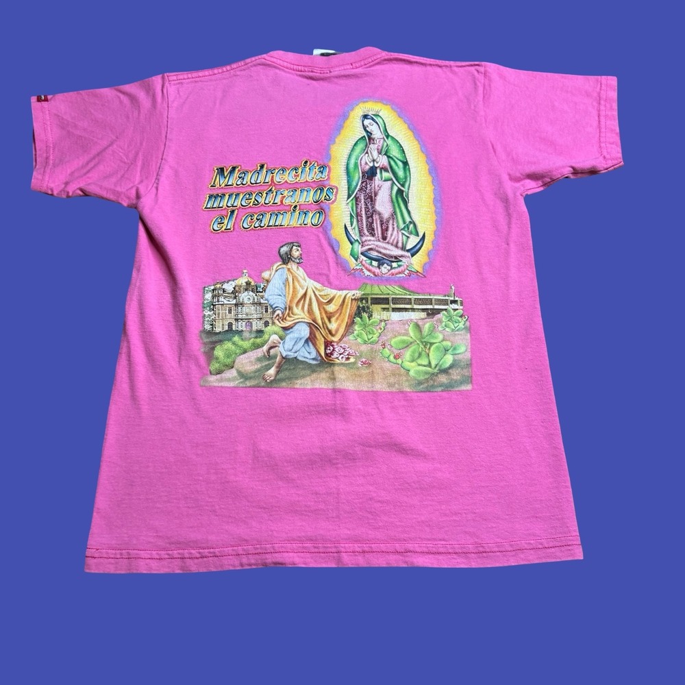 Virgen de Guadalupe T Shirt Womens Pink Religious Virgin Mary Two Sided